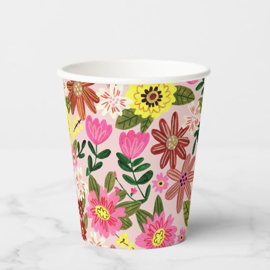 Roze modern madeliefje bloemenveer patroon papieren bekers (Voorkant)