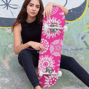 Roze Modern Meisje Abstract Trendy Cool Floral Persoonlijk Skateboard