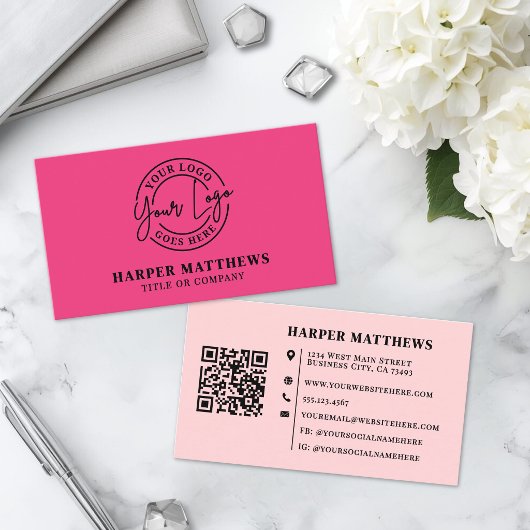 Roze Modern Minimalistisch Logo QR Code Zakelijke Visitekaartje