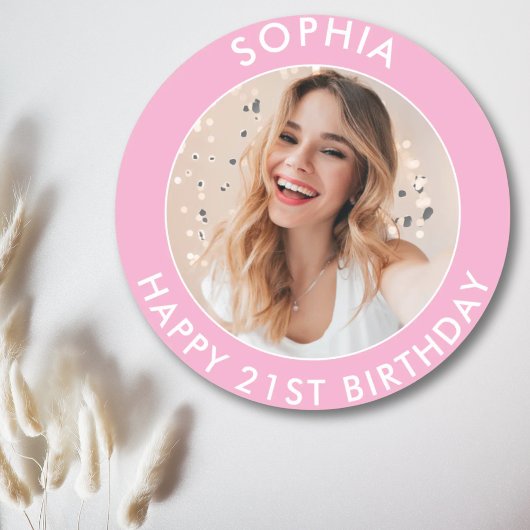 Roze Modern Schattige Meisje Happy 21st Verjaardag Ronde Sticker