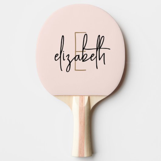 Roze Modern Script Girly Monogram Naam Tafeltennisbatje (Voorkant)