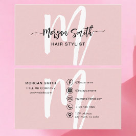 Roze Modern Script Girly Monogram Naam Visitekaartje