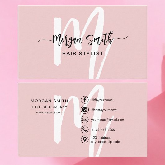 Roze Modern Script Girly Monogram Naam Visitekaartje