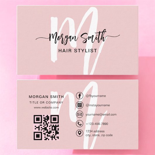 Roze Modern Script QR Code Monogram Naam Visitekaartje