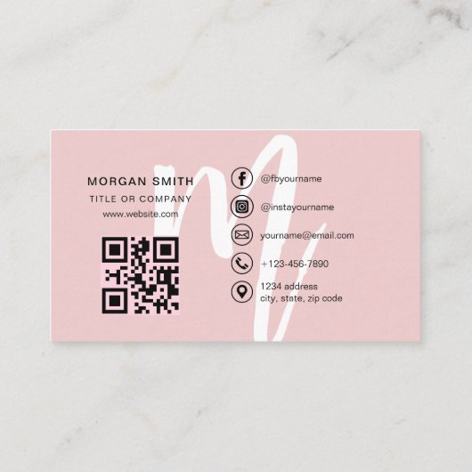 Roze Modern Script QR Code Monogram Naam Visitekaartje (Achterkant)