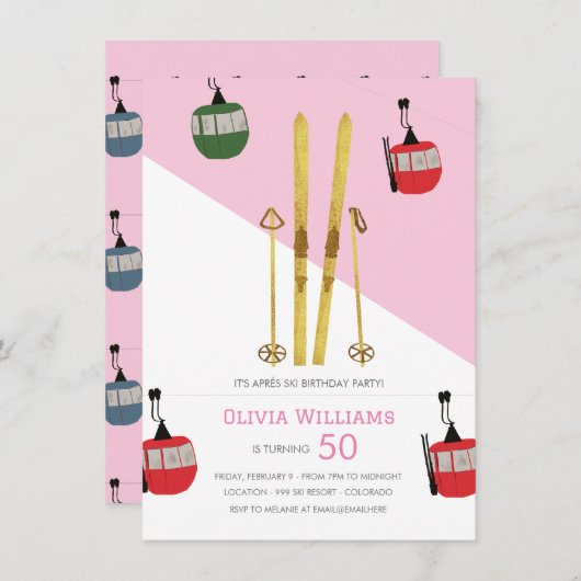 Roze Moderne  Aprés Ski Verjaardag Kaart (Voorkant / Achterkant)