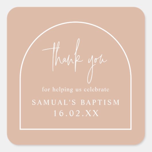 Roze moderne Arch Minimalist Christening Favor Vierkante Sticker (Voorkant)