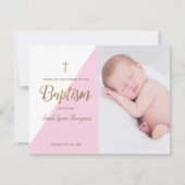 Roze Moderne Baby Meisje Foto Doop Dank u Kaart (Voorkant)