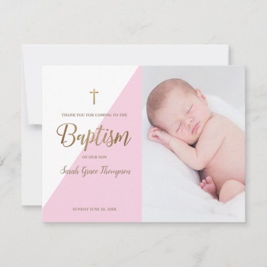 Roze Moderne Baby Meisje Foto Doop Dank u Kaart (Voorkant)