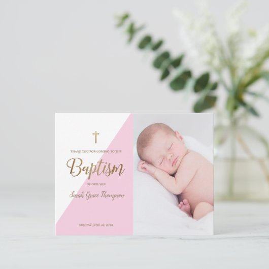 Roze Moderne Baby Meisje Foto Doop Dank u Kaart (Staand voorkant)