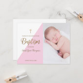 Roze Moderne Baby Meisje Foto Doop Dank u Kaart (Voorkant / Achterkant in situ)