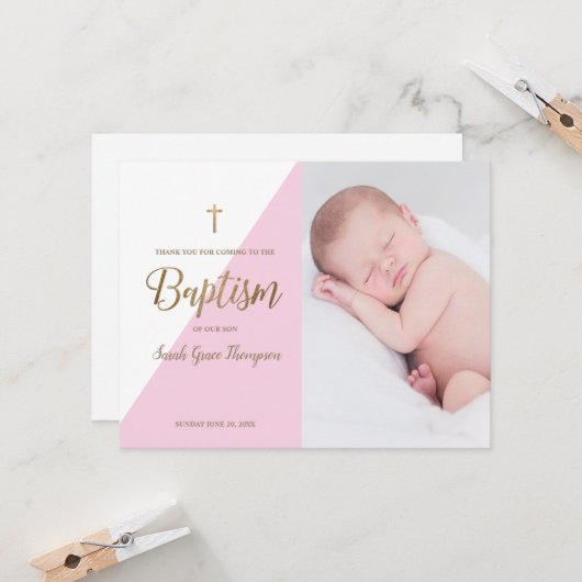 Roze Moderne Baby Meisje Foto Doop Dank u Kaart (Voorkant / Achterkant in situ)
