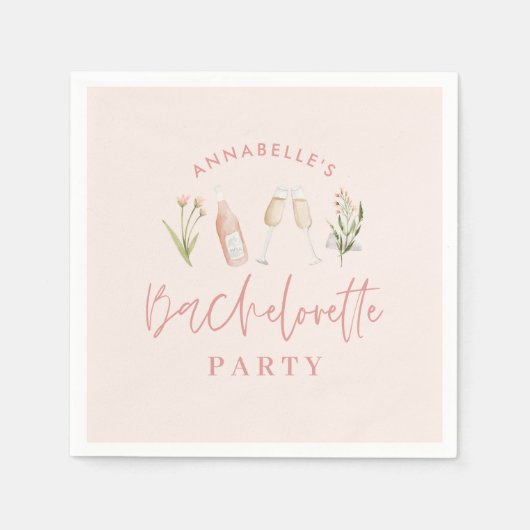 Roze moderne bachelorette wilde bloem champagne servet (Voorkant)