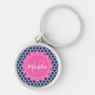 Roze moderne bloem blauw polaire dot patroon sleutelhanger