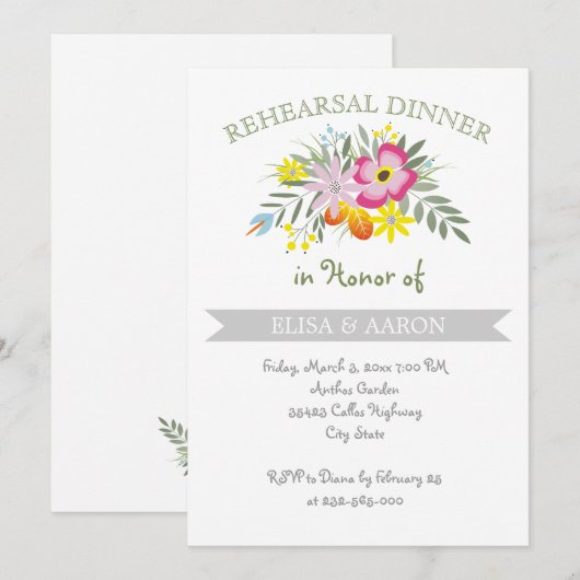 Roze moderne bloemenbruiloft repetitie diner kaart (Voorkant / Achterkant)