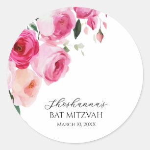 Roze Moderne Bloemige Bat Mitzvah Ronde Sticker