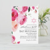 Roze Moderne Bloemige Bat Mitzvah Uitnodiging (Staand voorkant)