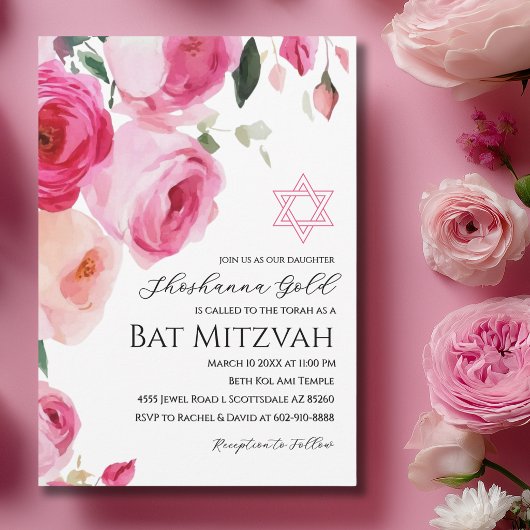 Roze Moderne Bloemige Bat Mitzvah Uitnodiging
