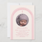 Roze Moderne Boho Arch Cross Meisje Foto Doop Kaart (Voorkant)