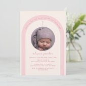 Roze Moderne Boho Arch Cross Meisje Foto Doop Kaart (Staand voorkant)