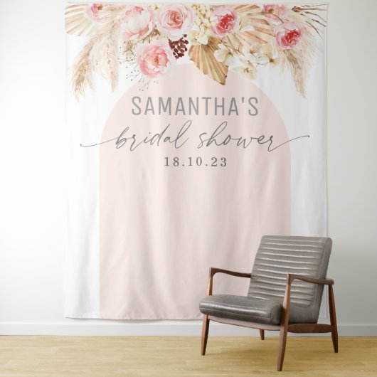 Roze Moderne boog boho pampas bloemachtergrond Wandkleed (In situ)