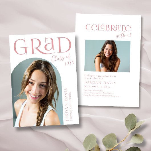 Roze Moderne Boog Foto Afstuderen Aankondiging