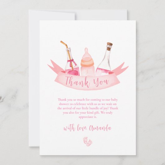 Roze Moderne Champagneflessen Voeten Baby shower Bedankkaart (Voorkant)