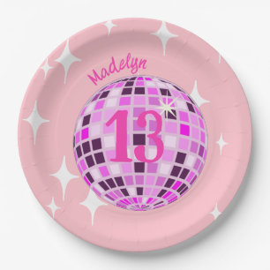 Roze moderne Disco Mirror Ball 13th Birthday Papieren Bordje