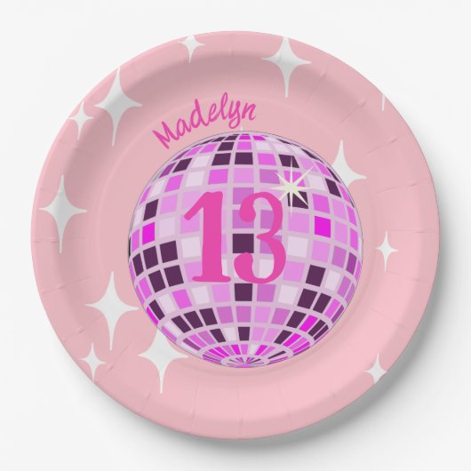 Roze moderne Disco Mirror Ball 13th Birthday Papieren Bordje (Voorkant)