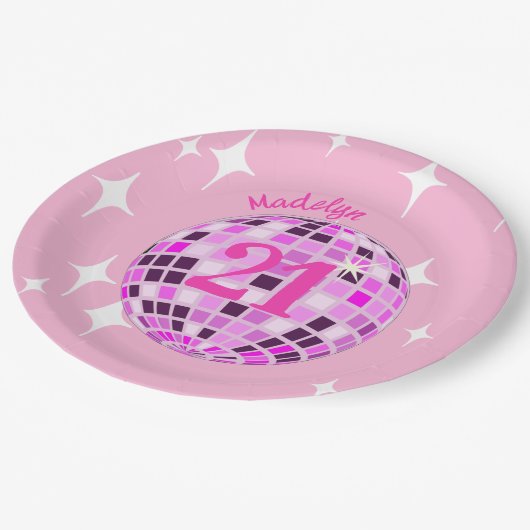 Roze moderne Disco Mirror Ball 21st Birthday Papieren Bordje (Gekanteld)
