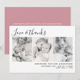 Roze moderne drie foto's nieuwe baby bedankkaart