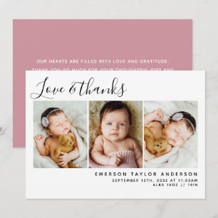 Roze moderne drie foto's nieuwe baby bedankkaart