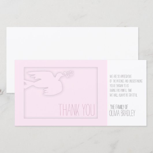 Roze Moderne Duif Baby Aangepaste Condoleance Dank Bedankkaart (Voorkant / Achterkant)