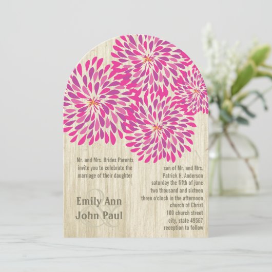 Roze moderne Floral Chrysanthemum Wedding Kaart (Staand voorkant)