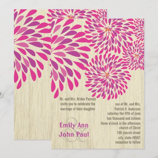 Roze moderne Floral Chrysanthemum Wedding Kaart (Voorkant / Achterkant)