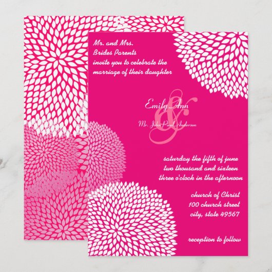 Roze moderne Floral Romantic Wedding Invites Kaart (Voorkant / Achterkant)