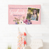 Roze Moderne Foto Bloemen String Lights Afstuderen Spandoek (Insitu)