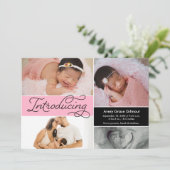 Roze moderne fotocollage introduceert babymeisje aankondiging (Staand voorkant)