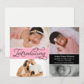 Roze moderne fotocollage introduceert babymeisje aankondiging (Voorkant / Achterkant)