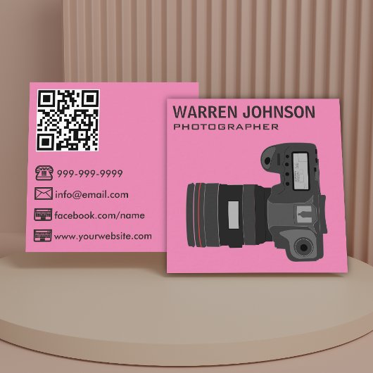 Roze moderne fotograaf QR-code Vierkante Visitekaartje