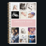Roze moderne galerij Tien Baby Foto collage Notitieboek<br><div class="desc">Geef het geschenk van tien fotografische herinneringen op dit moderne notitieboek van de galerijwand met tekst voor de naam van de baby, de geboortedatum en de geboortestaat op een wazige roze achtergrond. Het binnenpaginatype, de bedekkingsdikte en de spiraalkleur zijn allemaal gemakkelijk aan te passen voor een echt soort cadeau. Ideaal...</div>