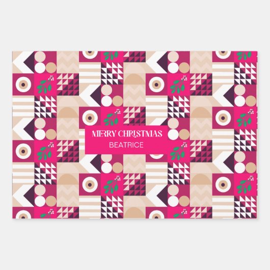 Roze Moderne Geometrische Kerstmis Genoemd Inpakpapier Vel (Voorkant)