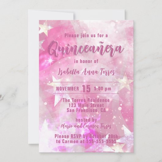 Roze moderne glam game Starry Quinceañera Kaart (Voorkant)