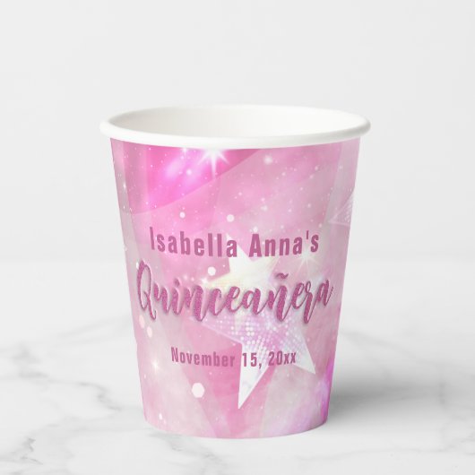 Roze moderne glam game Starry Quinceañera Papieren Bekers (Voorkant)