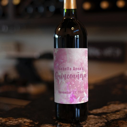 Roze moderne glam game Starry Quinceañera Wijn Etiket