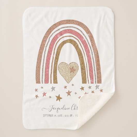 Roze Moderne Glitter Regenboog Geboorte Stats Meis Sherpa Deken (Voorkant)