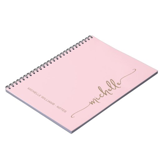 Roze moderne gouden script monogram naam met girlp notitieboek (Linkerzijde)