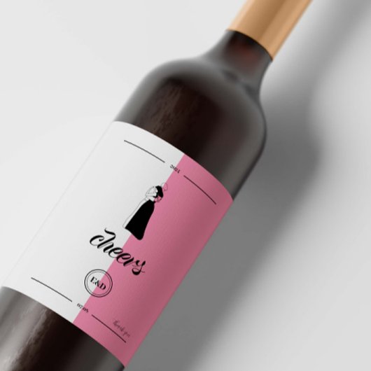 Roze moderne HandDrawn Paar Bruiloft Wijn Etiket