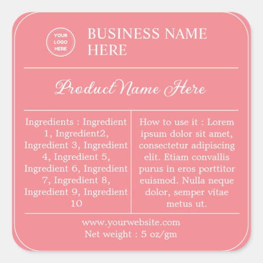 Roze moderne Ingrediënten Instructies Productlabel Vierkante Sticker (Voorkant)