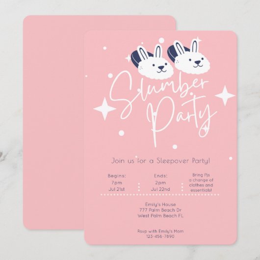 Roze moderne konijnpantoffels logeerpartij slaapfe kaart (Voorkant / Achterkant)